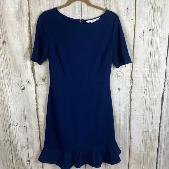 Diane Von Furstenberg DVF Serafina Ruffle Hem Navy Blue Dress Size 8 - Picture 2 of 11
